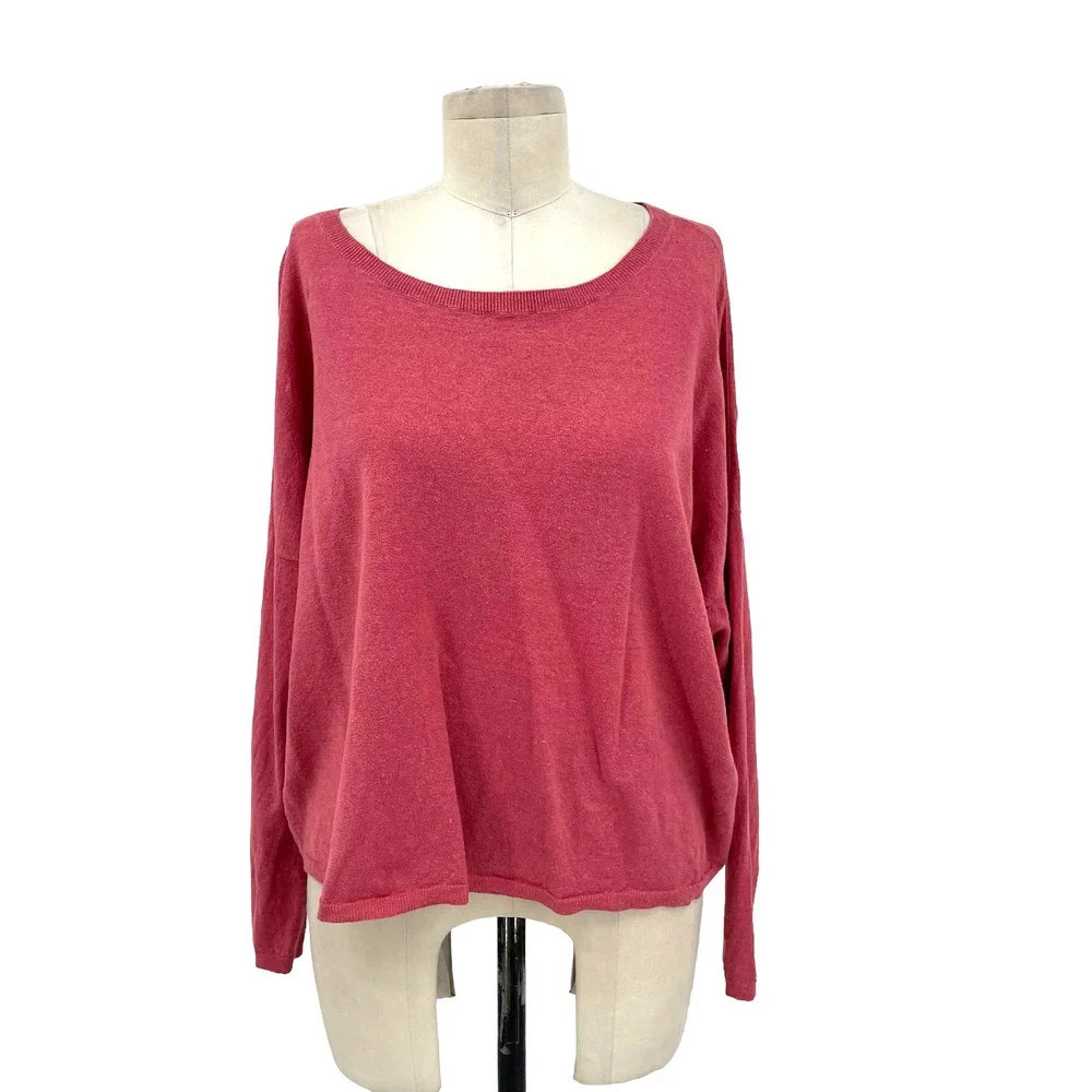 Eileen Fisher Boxy Long Sleeve Linen Sweater Pink Coral Red Size Large